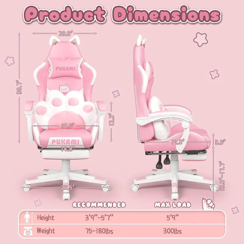 Chaise de jeu avec oreilles de chat et coussin patte de chat, chaise d'ordinateur inclinable mignonne Kawaii pour filles avec repose-pieds