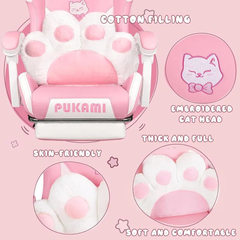 Chaise de jeu avec oreilles de chat et coussin patte de chat, chaise d'ordinateur inclinable mignonne Kawaii pour filles avec repose-pieds
