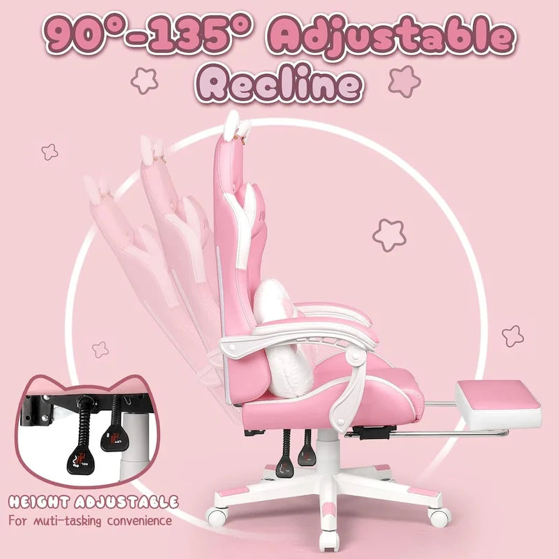 Chaise de jeu avec oreilles de chat et coussin patte de chat, chaise d'ordinateur inclinable mignonne Kawaii pour filles avec repose-pieds