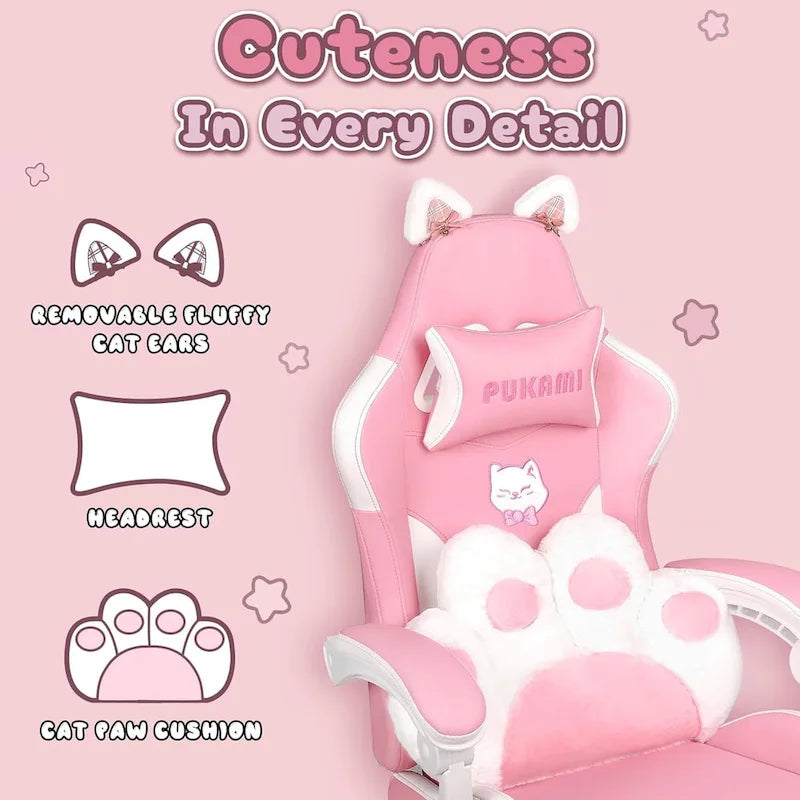 Chaise de jeu avec oreilles de chat et coussin patte de chat, chaise d'ordinateur inclinable mignonne Kawaii pour filles avec repose-pieds