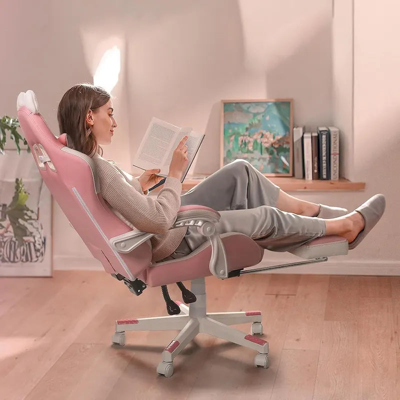 Chaise de jeu avec oreilles de chat et coussin patte de chat, chaise d'ordinateur inclinable mignonne Kawaii pour filles avec repose-pieds