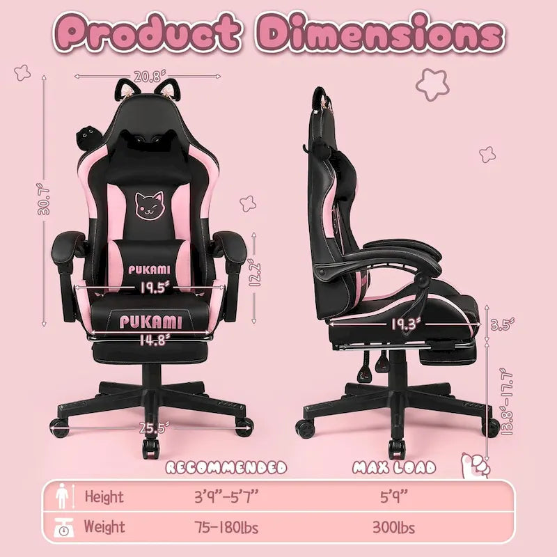 Chaise de jeu avec oreilles de chat et coussin patte de chat, chaise d'ordinateur inclinable mignonne Kawaii pour filles avec repose-pieds