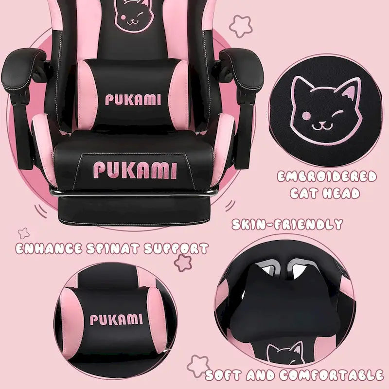 Chaise de jeu avec oreilles de chat et coussin patte de chat, chaise d'ordinateur inclinable mignonne Kawaii pour filles avec repose-pieds