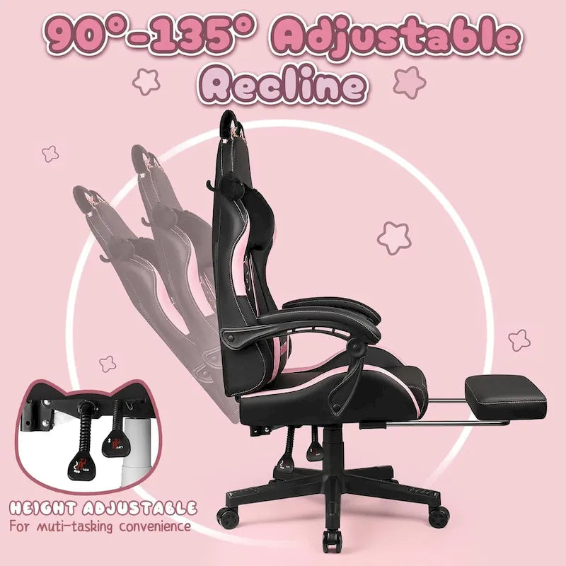 Chaise de jeu avec oreilles de chat et coussin patte de chat, chaise d'ordinateur inclinable mignonne Kawaii pour filles avec repose-pieds