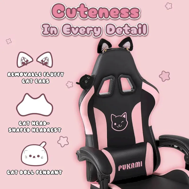 Chaise de jeu avec oreilles de chat et coussin patte de chat, chaise d'ordinateur inclinable mignonne Kawaii pour filles avec repose-pieds