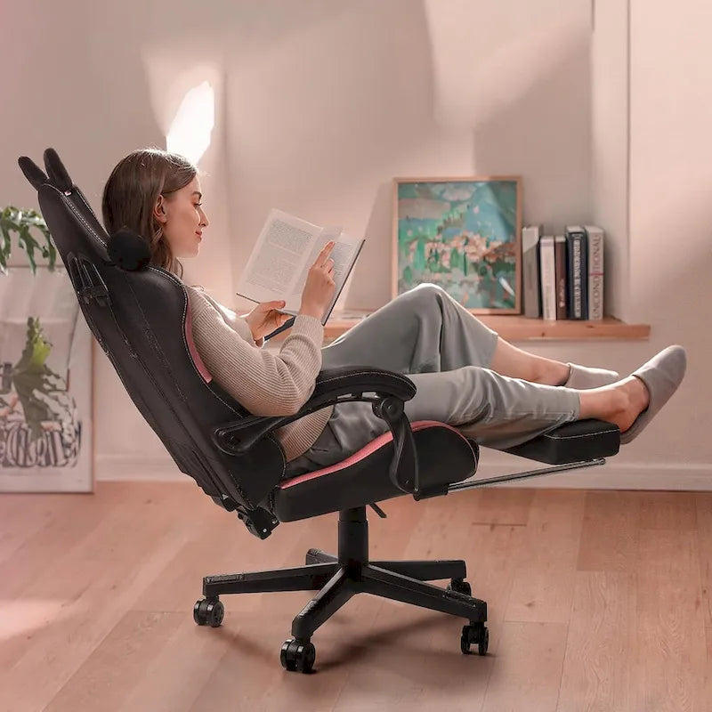 Chaise de jeu avec oreilles de chat et coussin patte de chat, chaise d'ordinateur inclinable mignonne Kawaii pour filles avec repose-pieds