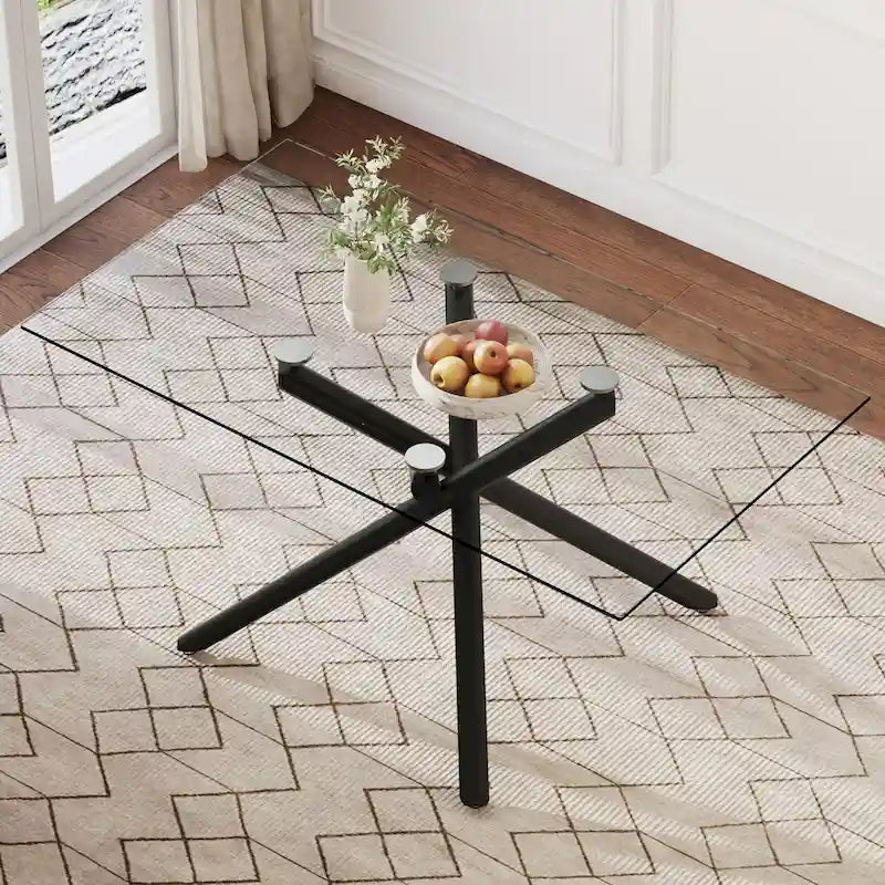 Grande table à manger rectangulaire minimaliste et moderne en verre pour 6-8 personnes avec plateau en verre trempé de 10 mm et pieds en métal noir