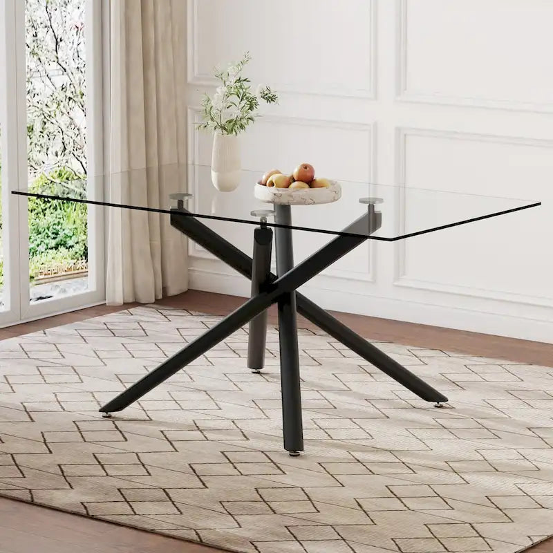 Grande table à manger rectangulaire minimaliste et moderne en verre pour 6-8 personnes avec plateau en verre trempé de 10 mm et pieds en métal noir