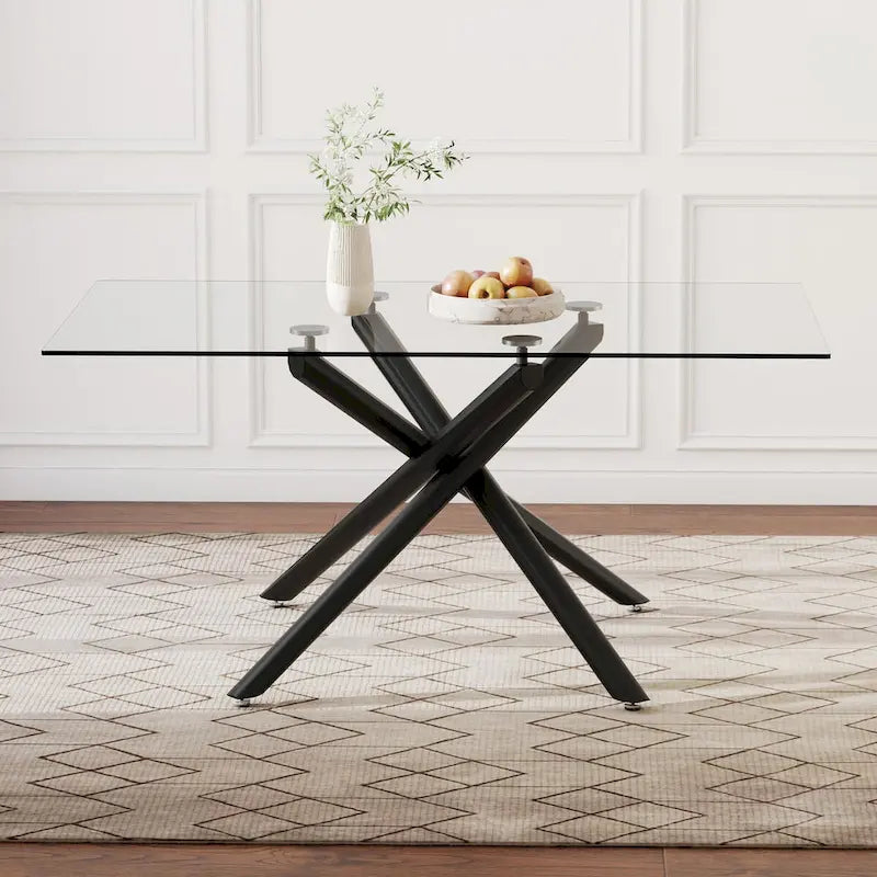 Grande table à manger rectangulaire minimaliste et moderne en verre pour 6-8 personnes avec plateau en verre trempé de 10 mm et pieds en métal noir