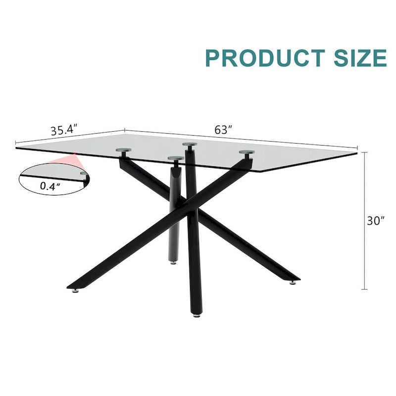 Grande table à manger rectangulaire minimaliste et moderne en verre pour 6-8 personnes avec plateau en verre trempé de 10 mm et pieds en métal noir