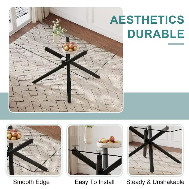 Grande table à manger rectangulaire minimaliste et moderne en verre pour 6-8 personnes avec plateau en verre trempé de 10 mm et pieds en métal noir