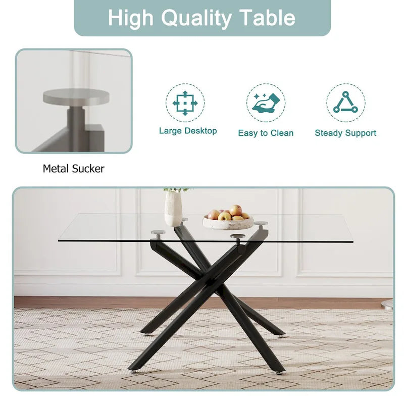 Grande table à manger rectangulaire minimaliste et moderne en verre pour 6-8 personnes avec plateau en verre trempé de 10 mm et pieds en métal noir