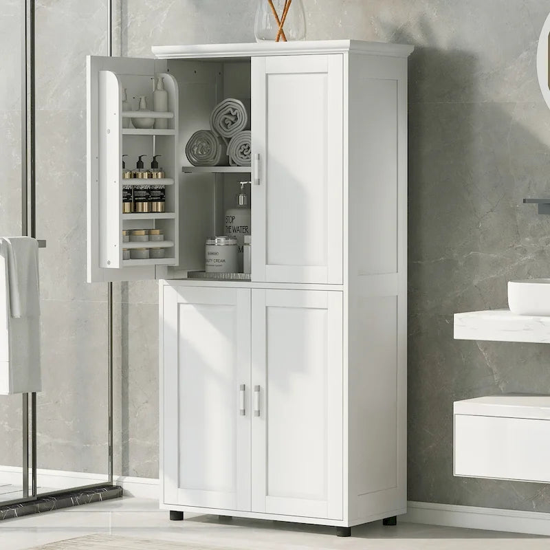 Armoire de rangement haute de salle de bain sur pied avec 4 portes et étagères réglables