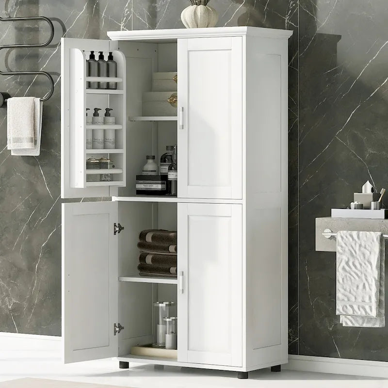 Armoire de rangement haute de salle de bain sur pied avec 4 portes et étagères réglables