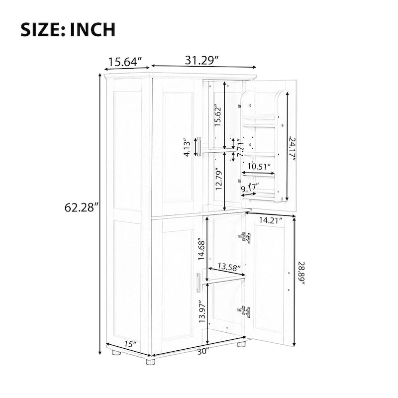 Armoire de rangement haute de salle de bain sur pied avec 4 portes et étagères réglables