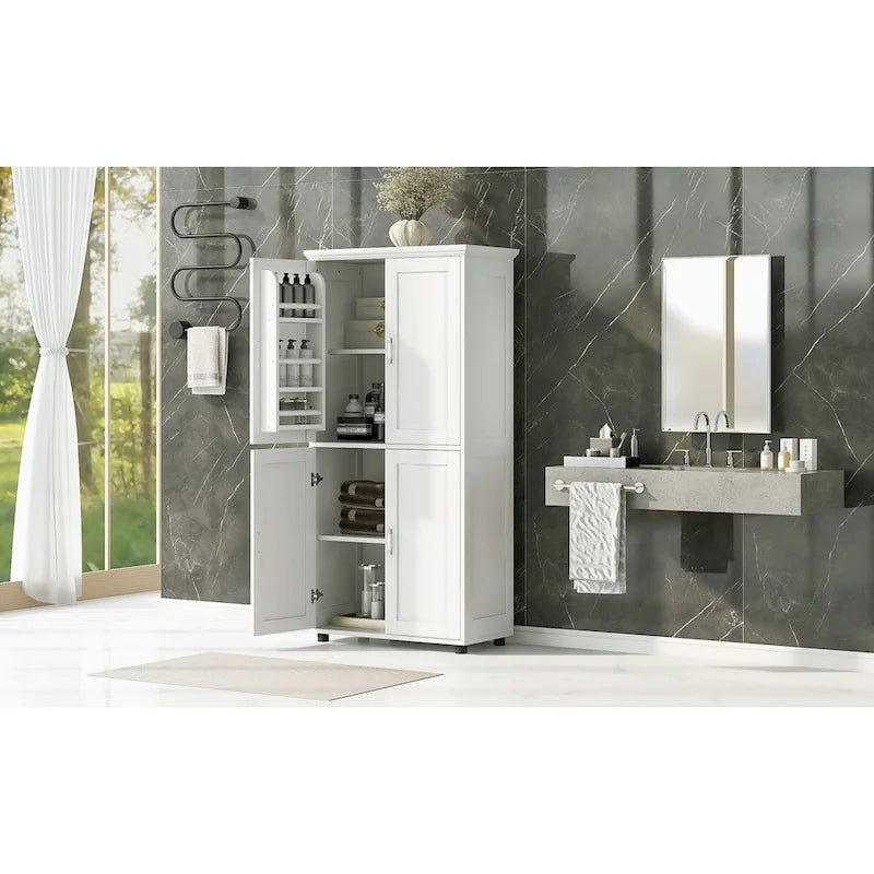 Armoire de rangement haute de salle de bain sur pied avec 4 portes et étagères réglables
