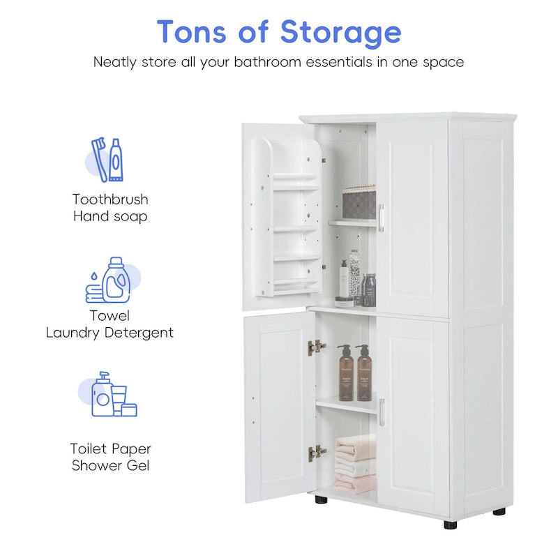 Armoire de rangement haute de salle de bain sur pied avec 4 portes et étagères réglables