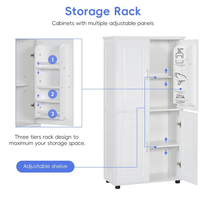 Armoire de rangement haute de salle de bain sur pied avec 4 portes et étagères réglables